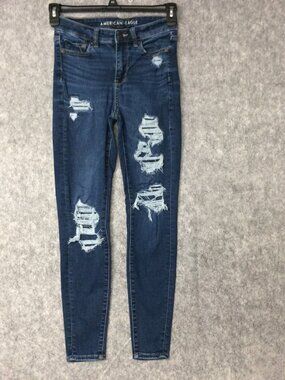 American Eagle Next Level Stretch Jeans Women’s Sz 4 Dark Distressed Hi Rise